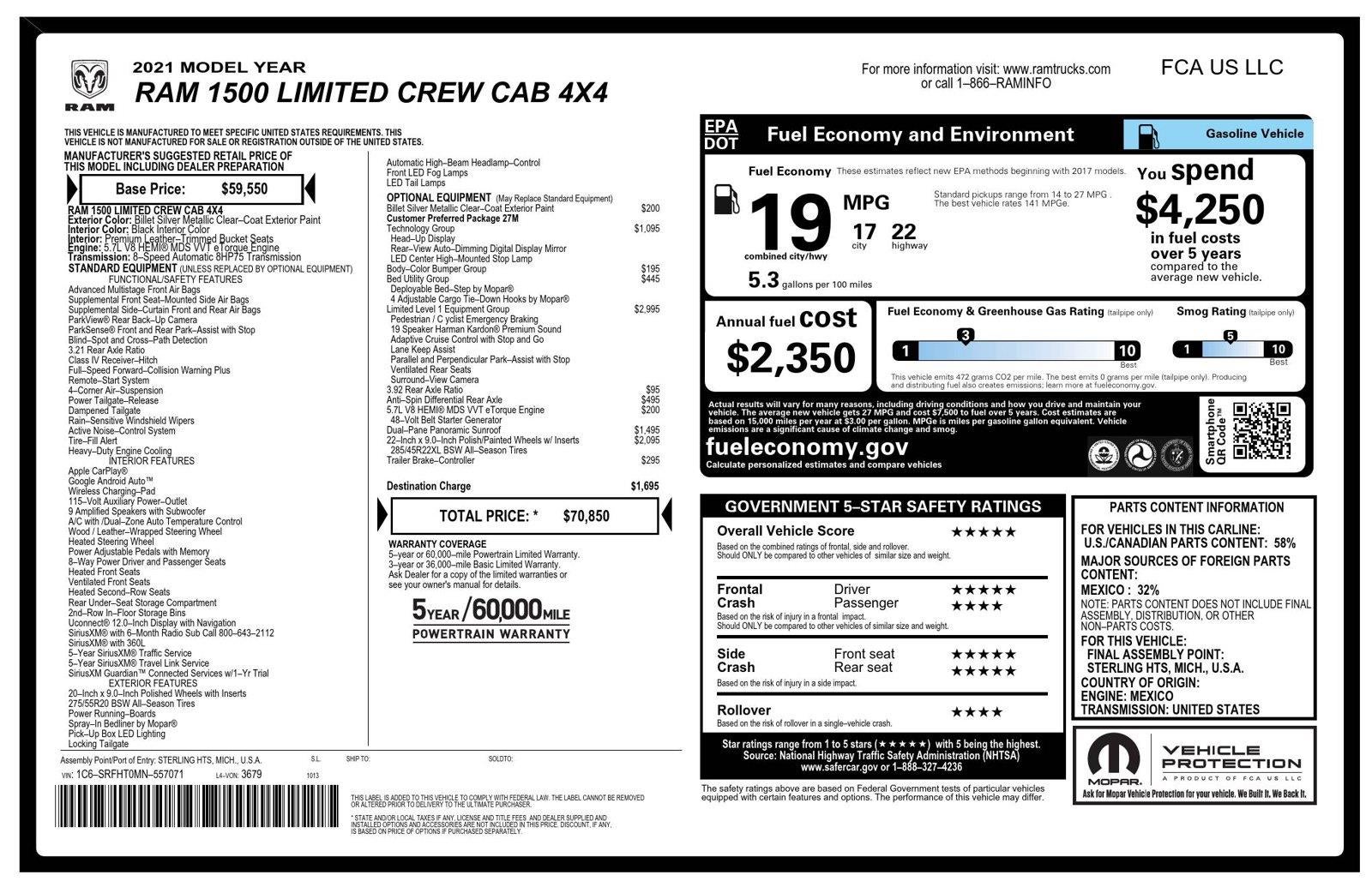 2021 RAM 1500 Limited Crew Cab 4x4 5'7" Box